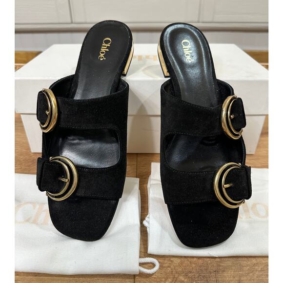 Chloé Alizè Flat Sandals Slides Black Suede Size 8 US 38 EU NIB Gold Buckles - Picture 2 of 16